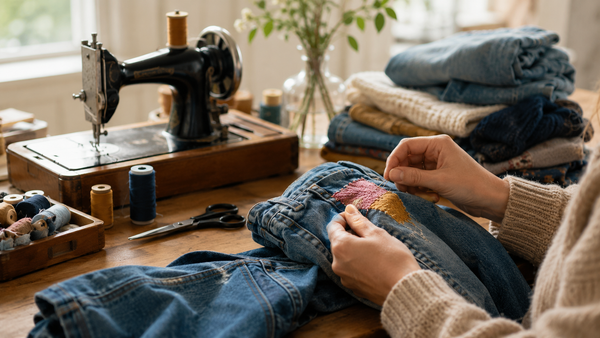 Hænder der syr en farverig lap på et par slidte jeans med synlige sting — upcycling af gammelt tøj