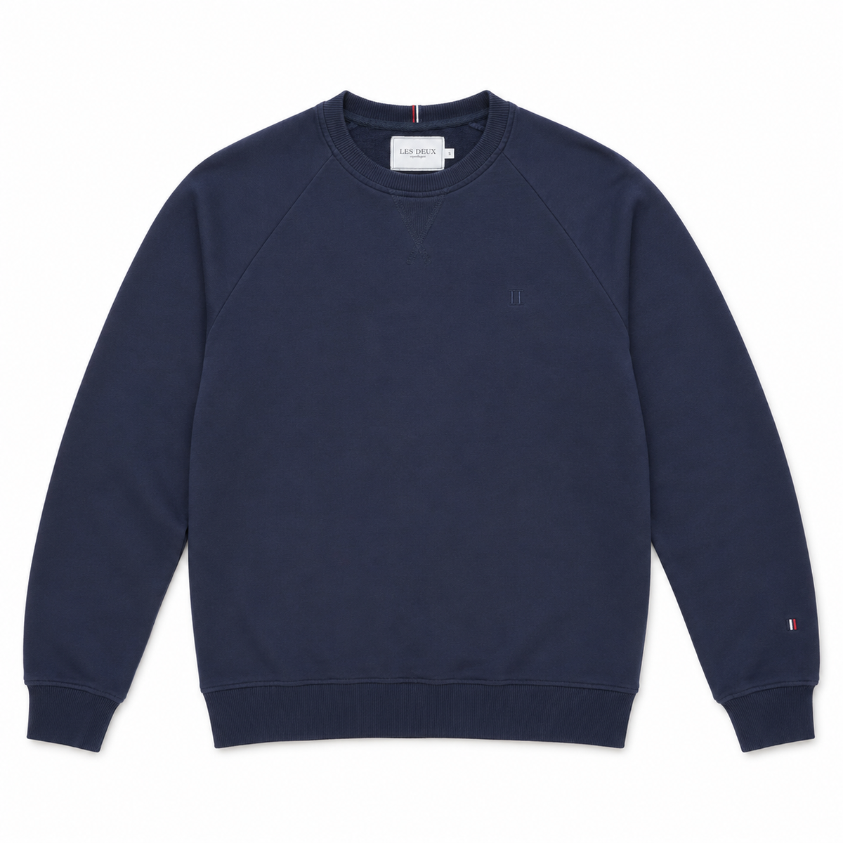Navy Les Deux sweatshirt med rund hals og blødt materiale, vises foran på hvid baggrund.